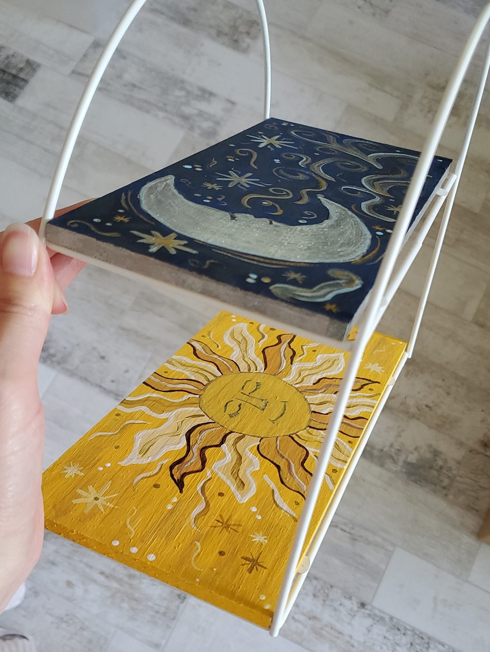 Hand Painted Sun & Moon Painted Two-Tier Wooden Home Accent Organizer Shelf - Picture 7 of 11